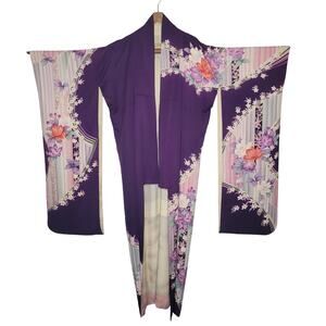 Vintage Silk Furisode (long sleeve) Kimono Robe PURPLE FLORAL white orange